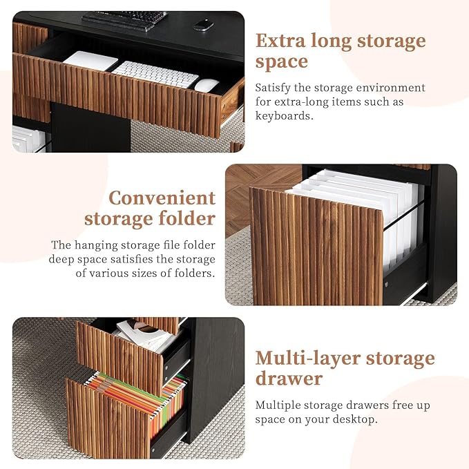 4 EVER WINNER Black Desk with Drawers, 58" Executive Office Desk with 7 Drawers and Hidden Handle, Computer Desk with File Cabinets for Living Room Study Table for Bedroom, Black