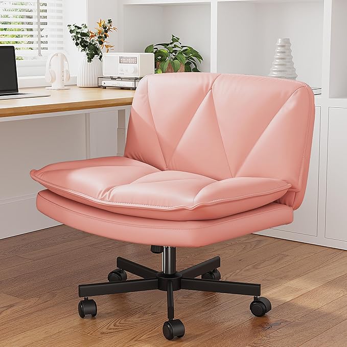 Criss Cross Chair with Wheels and Back,Cross Legged Office Chair with 2-Layer Cushion,Swivel Leather Home Office Desk Chairs Height Adjustable for Make Up,Bedroom,Pink