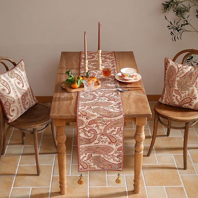ISAENNE Designer Elegant Red Linen Table Runner 87 Inches Long,Vintage Paisley Pattern Durable Table Runners for Dining Tables,Thanksgiving,Kitchen Tables,Christmas,12"*87"-Chauffrey A