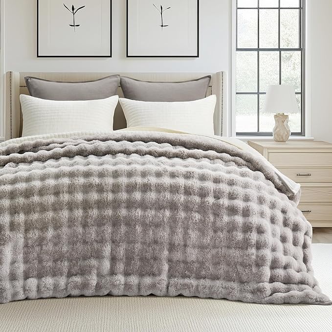 EverGrace Ultra Soft Luxury Fluffy Faux Rabbit Fur Throw Blanket, Thick Warm Bubble Throw for Bed, Cozy Plush Reversible Blankets for Couch, Chair, Sofa, Taupe, 80x90 Inches