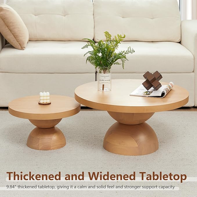 Solid Wood Round Nesting Coffee Table Set of 2, Circle Accent Tables with Unique Semi-Circular Legs, Mid Century Modern Side End Table Set for Small Space Living Room Office (Natural Oak)