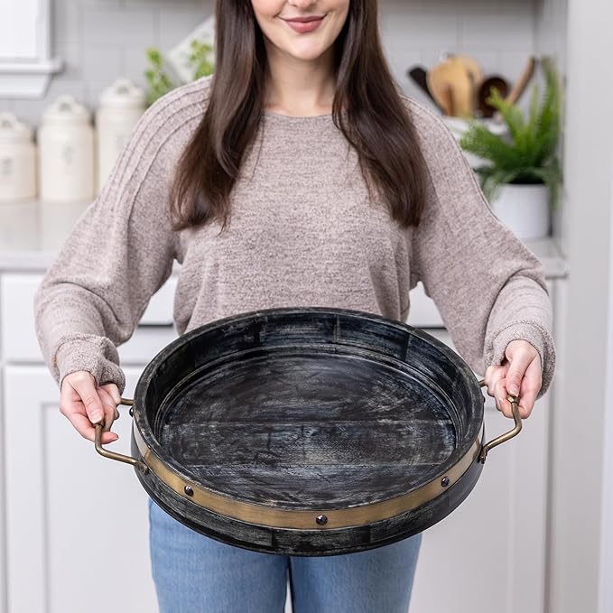 16” Round Ottoman Tray, Distressed Black Mango Wood, Rustic Farmhouse Style with Antique Brass Handles & Accent Strap, Large Coffee Table Tray for Tea, Breakfast in Bed, Living Room