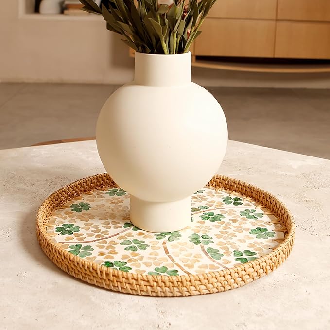 Round Rattan Tray with Mother of Pearl Inlay & Wooden Base - Decorative Wicker Serving Tray for Coffee/Bread/Fruits, Food Storage & Display - Multipurpose Home Decor (L,Four-Leaf Clover)