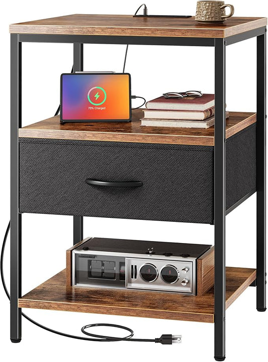 SUPERJARE Night Stand with Charger Station, 27.7 Inch Tall Nightstand with Adjustable Fabric Drawer, Bed Side Table, Fabric Drawer Dresser for Bedroom, Living Room, Rustic Brown and Black