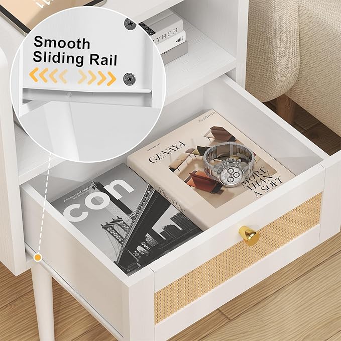 Night stand Set of 2, Bedside Tables with Charging Station, Rattan End Tables, Boho Bed Side Tables, Wood Nightstands set of 2 for Kids' Room Farmhouse Bedroom Living Room Dorm Sofa Couch (black)