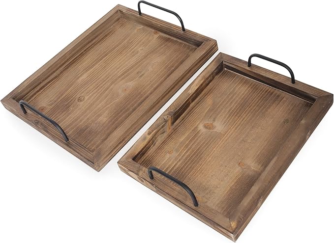 Besti Rustic Vintage Food Serving Trays (Set of 2) | Nesting Wooden Board with Metal Handles | Stylish Farmhouse Decor Serving Platters | Large: 15 x2 x11 - Small: 13 x2 x9 inches (Rustic Burnt)