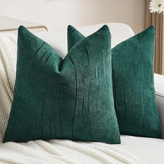 FUTEI Dark Green Chenille Decorative Throw Pillow Covers 22x22 Inch Set of 2,Soft Embossed Striped Textured Cushion Case,Modern Home Decor for Couch Bed Living Room