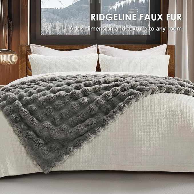 EverGrace Ultra Soft Luxury Fluffy Faux Rabbit Fur Throw Blanket, Thick Warm Bubble Throw for Bed, Cozy Plush Reversible Blankets for Couch, Chair, Sofa, Grey, 50x60 Inches