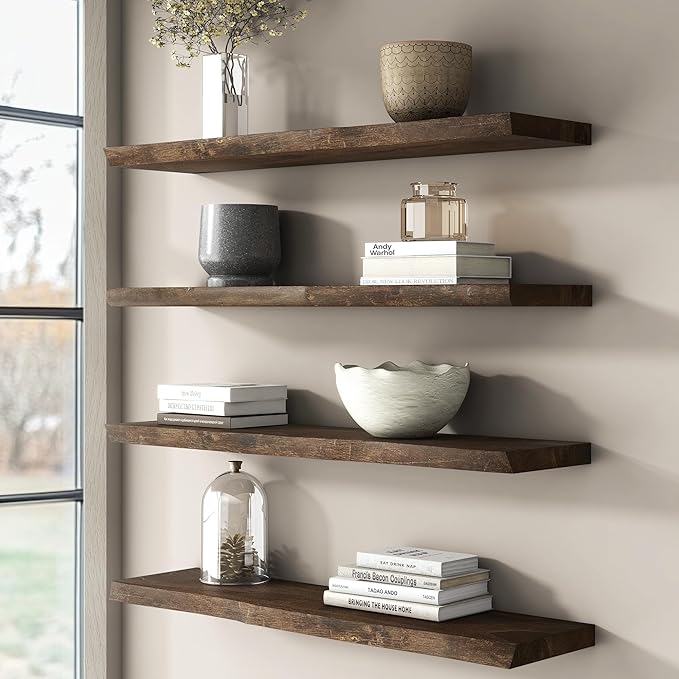 Rustic Elm Wood Floating Shelves for Wall, Live Edge 24"W x 9.2"D x 1.4"H, Set of 2 with Invisible Bracket, Wall Mounted Storage Shelves for Living Room Bedroom Kitchen Bathroom Decor, Walnut Finish