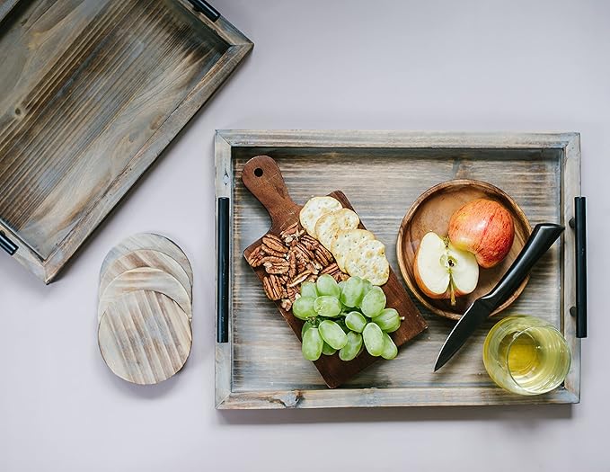 Decorative Ottoman Serving Tray Wooden Rustic (Set of 2) | Black Sleek Metal Handles | 4 Matching Coasters | Coffee Table Decor | Serving Kitchen Platter (Rustic Brown)