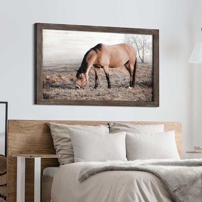 Horse Wall Art Decor Bedroom: Large Wildlife Wood Framed Picture Western Grazing Animal Print Painting Wild Horse Artwork for Home Office Country Room 45 x 30 Inches