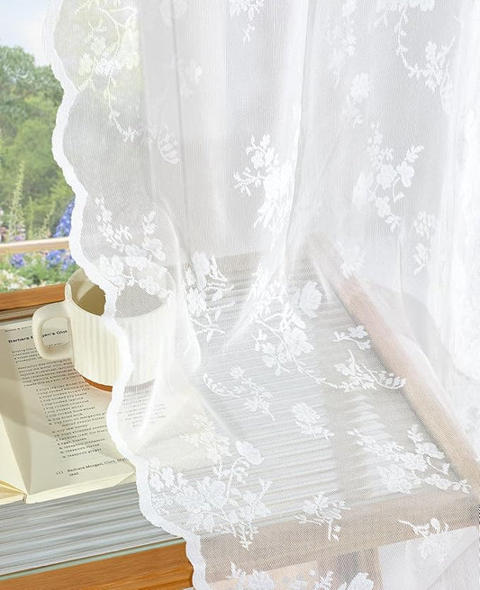 Sheer Lace Curtains 84 Inches Long, Vintage Floral Light Filtering White Lace Curtains for Living Room & Bedroom, Rod Pocket, 2 Panels Set, Tiny Flower Pattern (White, 52" W x 84" L)