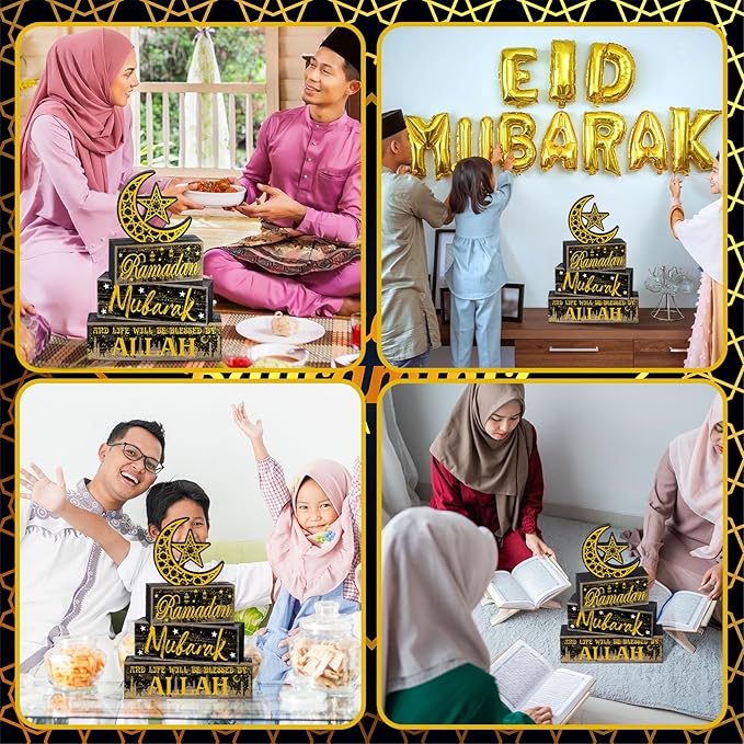 4 Pcs Ramadan Mubarak Table Decor Wooden Eid Mubarak Tabletop Signs for Home Black and Gold Muslim Islam Ramadan Mubarak Centerpiece for Islamic Gifts Kareem Home Table Decor