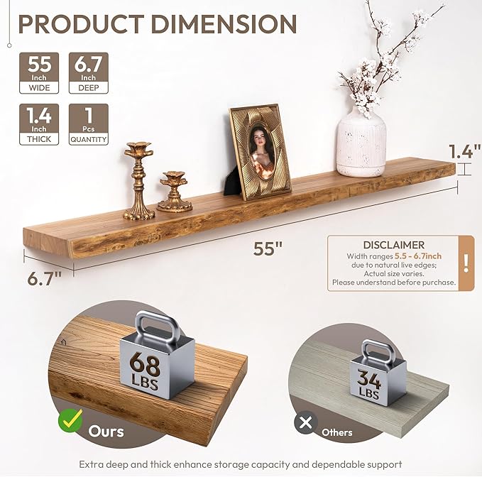 Marsmiles 55 inch Floating Shelves for Wall Elm Wood Live Edge Shelves Wall Mounted|Rustic Long Floating Shelves with Invisible Bracket for Bathroom Living Room Kitchen|Natural, 1 Pack