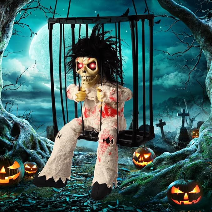 Animated Halloween Decorations, Skull Ghost Hanging Decoration Prop, Scary Skull Prisoner Halloween Decorations Props with Motion Sensor & Sound, Light Up Eyes, for Home Indoor Outdoor Decoration