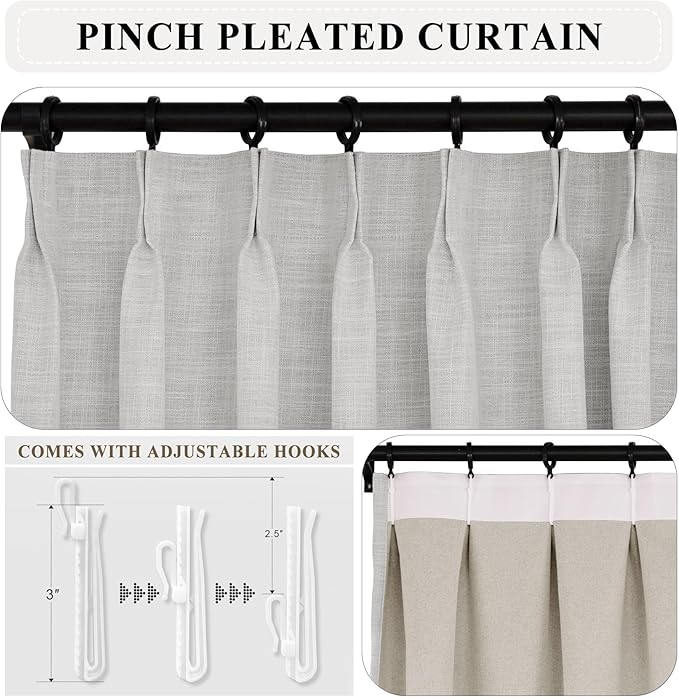 Macochico Blackout Curtains 96 Inches Long Pinch Pleated Linen Curtains with Hooks Thermal Curtains for Living Room Bedroom Farmhouse Off White Window Panels with Tieback 84" Wx96 L 1 Panel