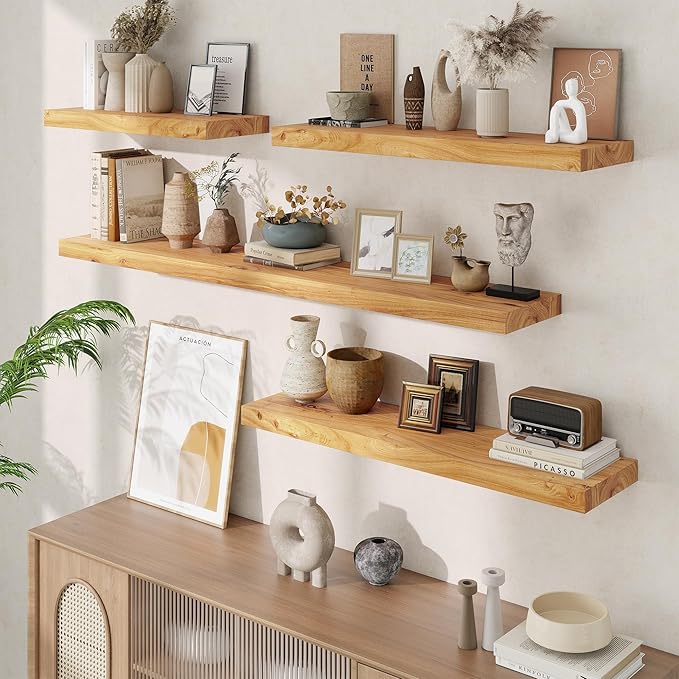 Floating Shelves, 8" Deep Rustic Solid Elm Wood Wall Mounted Floating Shelves, Wall Shelves with Invisible Bracket for Living Room Bathroom Bedroom Kitchen, 32 Inch Set of 2, Natural