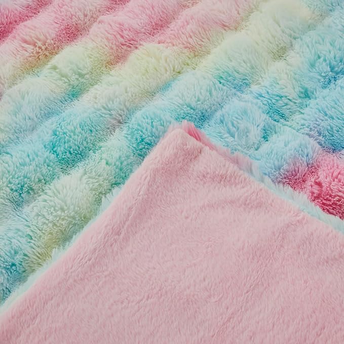 Faux Fur Throw Blanket for Couch Cozy Fuzzy Soft Plush Thick Fluffy Fleece Bubble Blanket for Sofa Bedroom Living Room, 63x79 Inches Rainbow