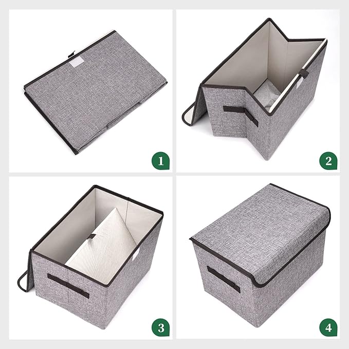 Large 22 Quart Linen Fabric Foldable Storage Bin Cube Organizer Basket with Flip-Top Lid & Handles, Clothes Blanket Box for Home, Office, Closet, Gray, 4 Pack 14.6 x 9.5 x 9.5”