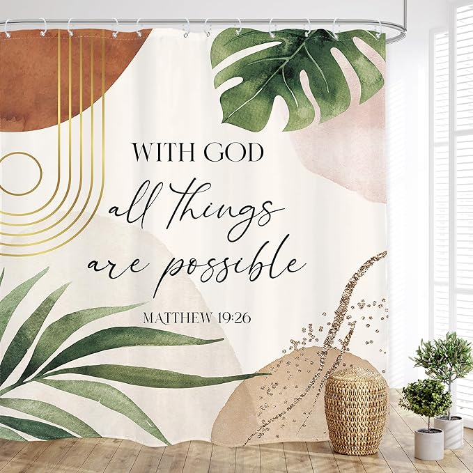 Glawry Boho Bible Verse Shower Curtain Extra Long Inspirational Scriptures Quotes Abstract Palm Leaf Bathroom Mid Century Christian 72Wx84L Inches Bath Accessories Art Home Decor Fabric 12 Pack Hook