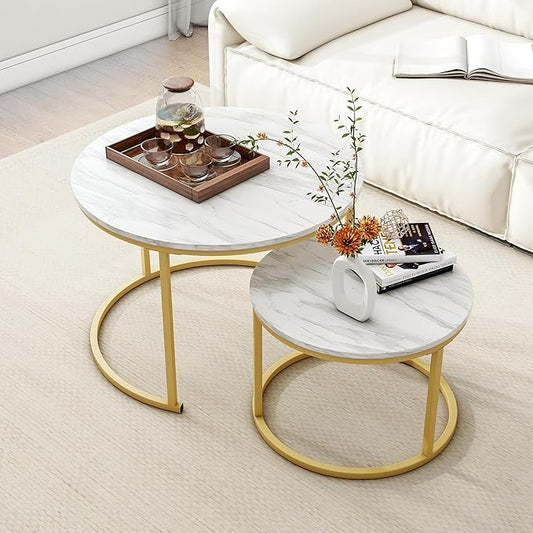 HOJINLINERO Round Coffee Table Set of 2 End Tables for Living Room,Circular and Marble Nesting Coffee Table Wooden Accent Furniture with Golden Metal Frame,Stacking Side Tables,White
