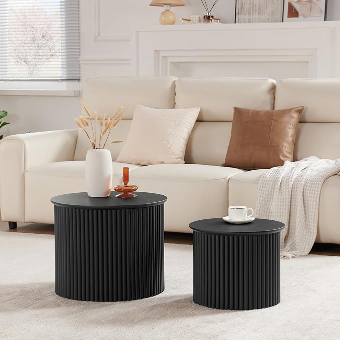 Small Fluted Round Nesting Coffee Table Set of 2, Mid Century Modern Coffee Table Circle Side Table, Wood Nesting Table Farmhouse End Tables Set for Living Room, Bedroom, Small Spaces(Black