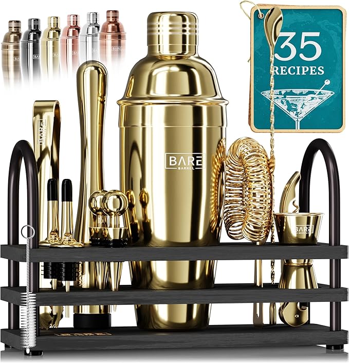 BARE BARREL® Mixology Bartender Kit Bar Set | 14-Piece Cocktail Shaker Set | Martini Barware Mixing Tools for Home Bartending | 35 Recipe Cards | Gift Set (24oz Cobbler Shaker, Gold/Black)