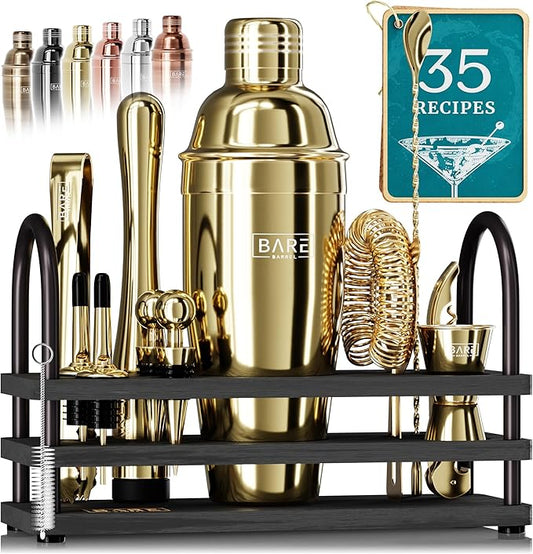 BARE BARREL® Mixology Bartender Kit Bar Set | 14-Piece Cocktail Shaker Set | Martini Barware Mixing Tools for Home Bartending | 35 Recipe Cards | Gift Set (24oz Cobbler Shaker, Gold/Black)