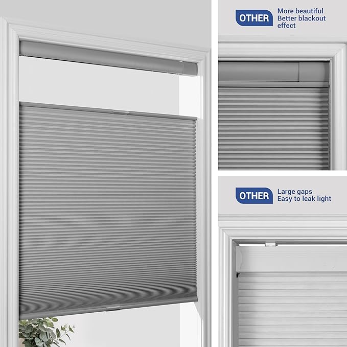 No Drill No Tools Cellular Shades Top Down Bottom Up Blackout Blinds for Windows Cordless Honeycomb Window Shades Easy to Install for Home,Blackout-Grey,35" W x 64" H