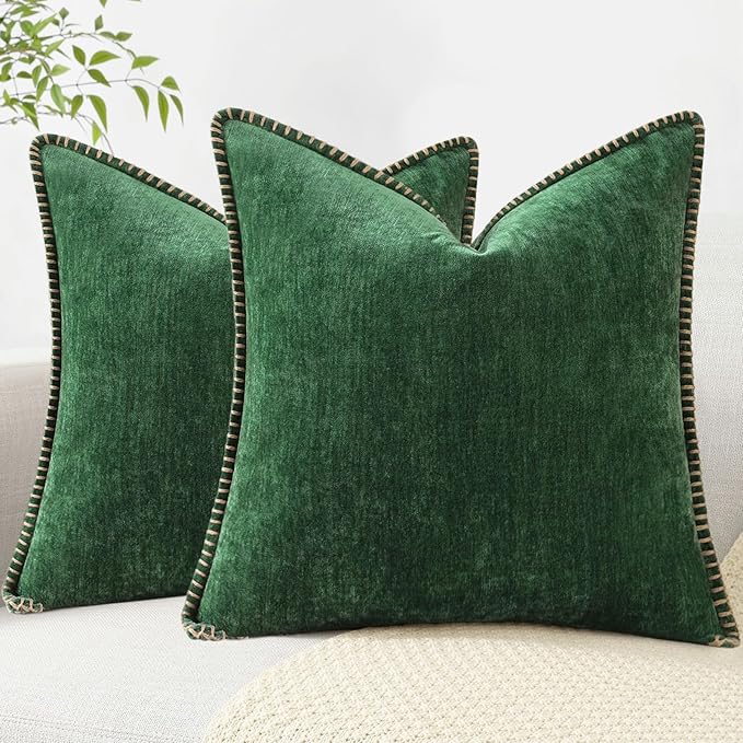 decorUhome Christmas Chenille Soft Throw Pillow Covers 24x24 Set of 2, Farmhouse Velvet Neutral Decorative Euro Pillow Covers with Stitched Edge for Couch Sofa Bed Home Decor, Green