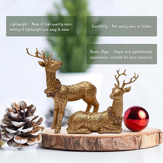 2pcs Pine Nut Reindeer Christmas Decorations, Deer Figurines Home Decor, Elk Figurine, Holiday Home Décor Accents for Xmas Office Living Room & Bedroom Decorations (Pine Nut Medium, Gold)
