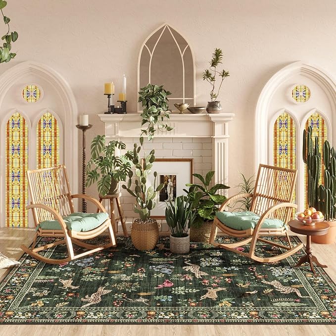 Rugcomf Area Rugs 8x10 Rug for Living Room Clearance Washable Boho Area Rug Non Slip Floral Animal Vintage Low Pile Large Rug for Living Room, Bedroom, Farmhouse, Dining Room, Kids Playroom (Green)