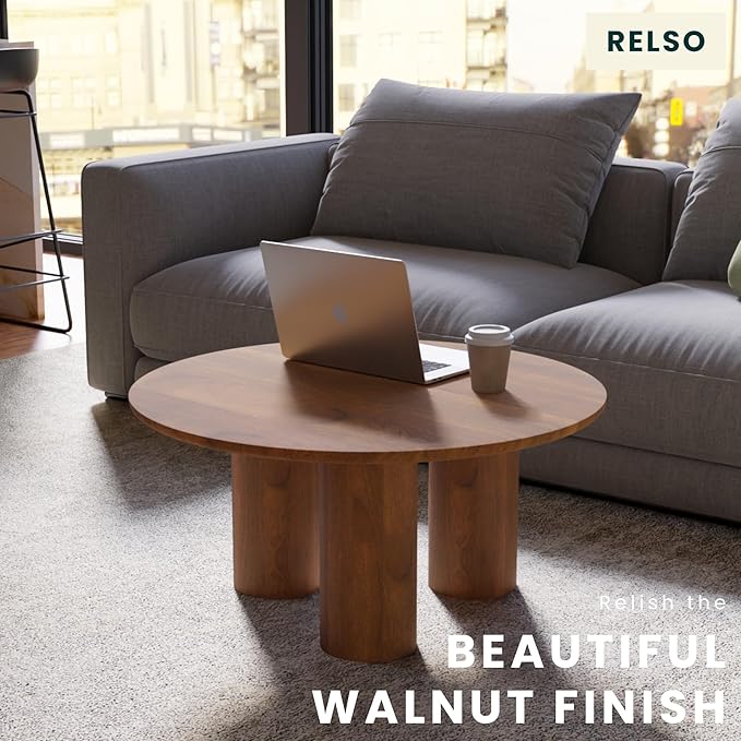 Relso Gaia Round Coffee Table, Natural Mango Wood Coffee Table with Wood Grain and Sturdy Finish | Perfect for Living Room and Farm House - Sturdy, Durable, Ideal for Patio Decor (Walnut, 18 inch)