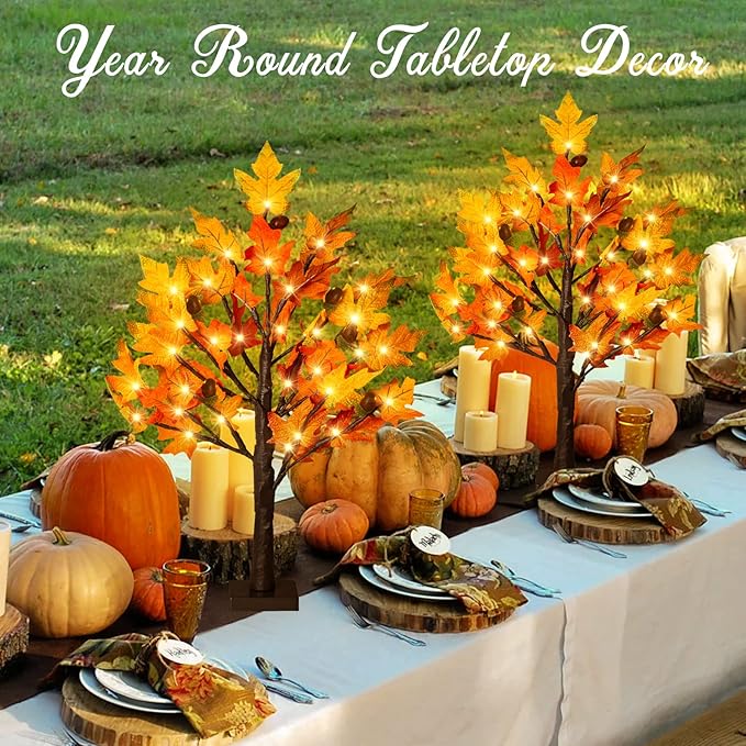 2Pack Fall Lighted Maple Tree - 2FT 36 LED Thanksgiving Decor Artificial Fall Lights, Battery Operated Tabletop Lamp with 6 Acorns, 6-Hours Timer, for Wedding Party Indoor Outdoor Autumn Decor…