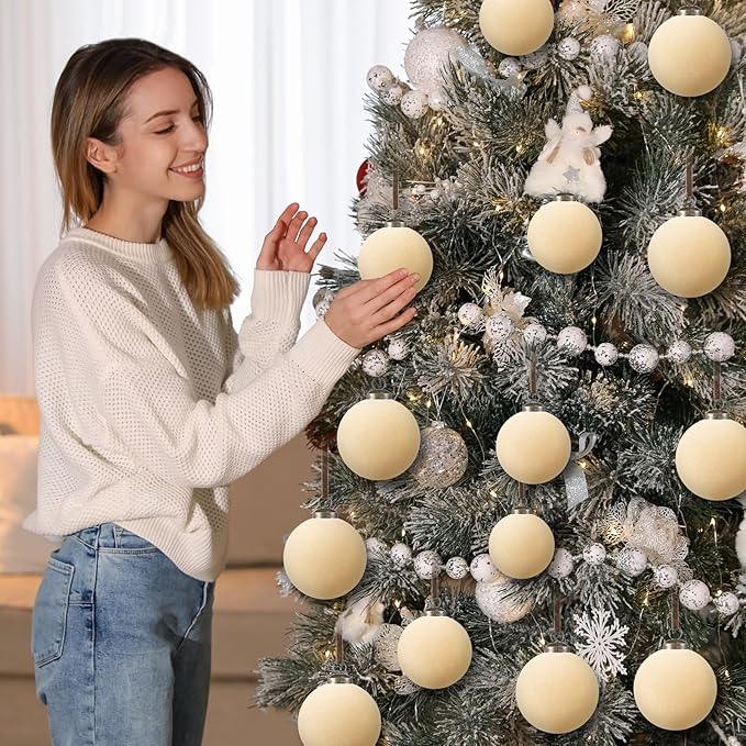 36 Pcs Velvet Christmas Balls Bulk - Flocked Christmas Tree Ball Ornaments Hanging Decoration for Xmas Tree, Wreath, Home or Party Decorations, 2.36", 2.76", 3.15"(Champagne)