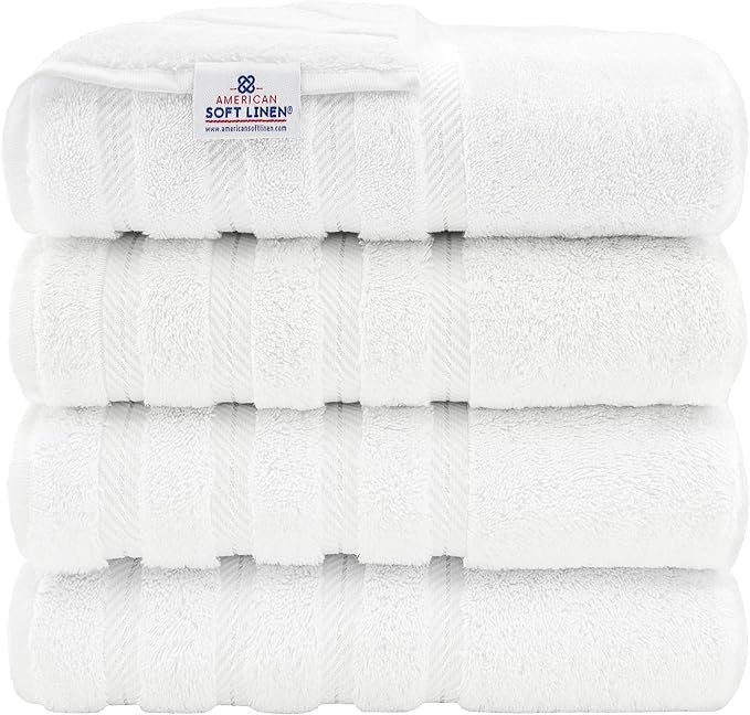 American Soft Linen Luxury 4 Piece Bath Towel Set, 600 GSM 100% Cotton Turkish Bath Towels for Bathroom, 27x54 in Extra Large Bathroom Shower Towels, White