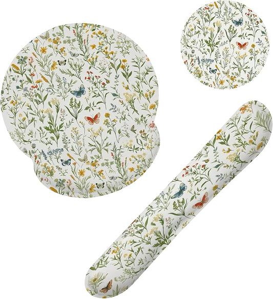 Wildflowers Butterfly Mouse Pad with Wrist Rest and Keyboard Wrist Rest Set, Vintage Garden Plants Herb Flower Non-Slip Rubber Base Memory Foam Mouse Pad Set for Women, Office Desk Accessories, Gaming