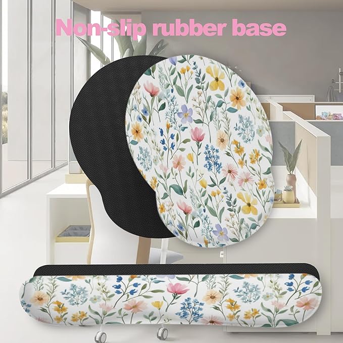 Wildflowers Leaves Mouse Pad with Wrist Rest and Keyboard Wrist Rest Set, Spring Colorful Flowers Non-Slip Rubber Base Memory Foam Mouse Pad Set for Women, Office Desk Accessories, Gaming