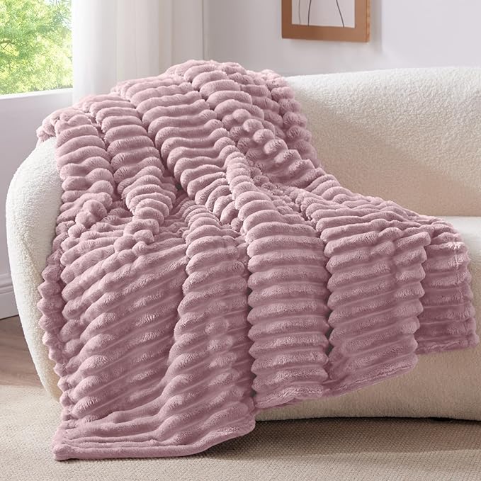 BEDELITE Fleece Throw Blanket for Couch - 300GSM Soft & Warm Fluffy Berry Purple Blanket, Decorative and Giftable Striped Blankets for Women, Men, 50"x60"