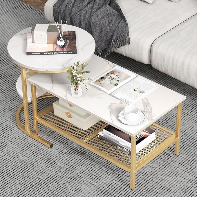 GOFLAME Nesting Coffee Table Set of 2, 2 PCS Nesting Tables with Faux Marble Top and Extra Storage Shelf, Modern Round End Table & Rectangular Coffee Tables for Living Room, Bedroom, Gold+White