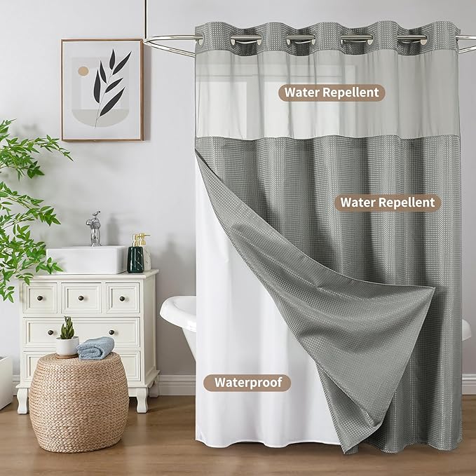 Colorful Star No Hook Shower Curtain with Snap in Fabric Liner, Waffle Weave Heavy Duty Thick Shower Curtains with Mesh Top Window, Hotel Style Waterproof Bathroom Curtain Set, 72 x 81 Inch, Grey
