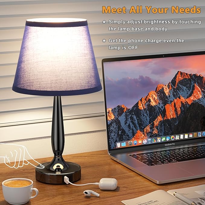 Kakanuo Touch Bedside Lamp for Bedroom with USB C Port, Small Touch Table Lamp with 2 USB Charging Ports, 3 Way Dimmable Nightstand Lamp for Living Room and Office - Royal Blue (LED Bulb Included)