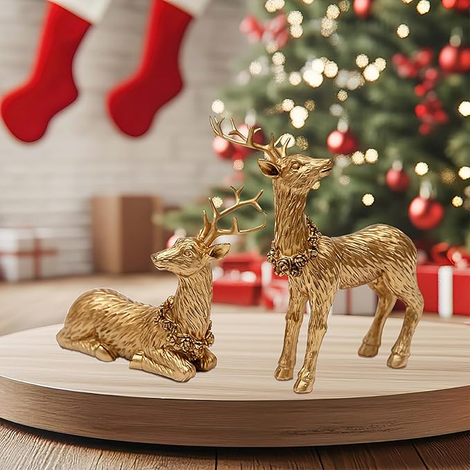 2pcs Pine Nut Reindeer Christmas Decorations, Deer Figurines Home Decor, Elk Figurine, Holiday Home Décor Accents for Xmas Office Living Room & Bedroom Decorations (Pine Nut Medium, Gold)