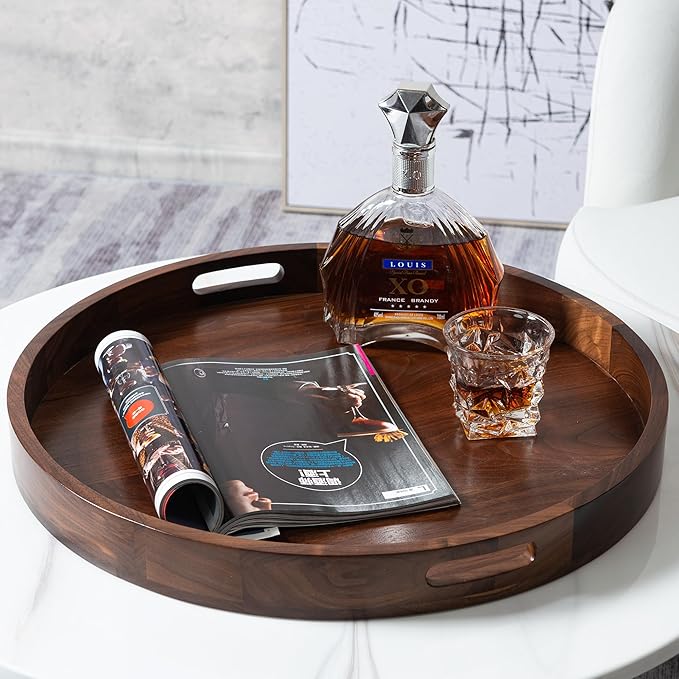 22 x 22 inches Round Ottoman Table Tray, Wooden Solid Black Walnut Circle Platter Decorative Serving Tray with Handle for Oversized Ottoman Home Breakfast in Bed Tea Coffee