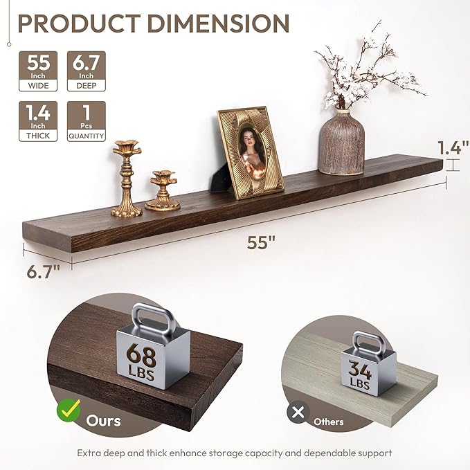 Marsmiles 55 inch Floating Shelves for Wall Solid Elm Wood Wall Mounted Shelves|Rustic Long Floating Shelves with Invisible Bracket for Bathroom Living Room Kitchen|Walnut, 1 Pack