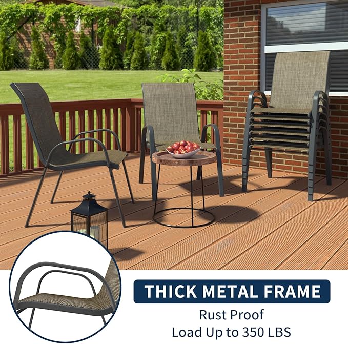 Amopatio Patio Chairs Set of 8, Outdoor Stackable Dining Chairs for All Weather, Breathable Garden Outdoor Furniture for Backyard Deck, Dark Brown