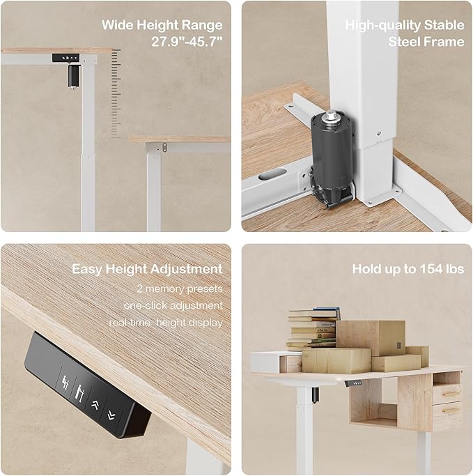 Standing Desk with 4 Drawers, 47.2 x 23.6 Inch Whole Piece Height Adjustable Electric Sit Stand Desk, Computer Home Office Workstation with Open Storage Shelf, Light Walnut