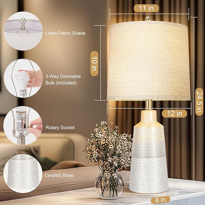 24.5" Ceramic Table Lamps Set of 2 for NightStand,Lamps for Living Room with 3-Way Dimmable Bulb,Rotary Switch,Modern Table Lamp with Linen Shade,Bedside Lamps of Set 2 for Bedrooms(Bulb Included)