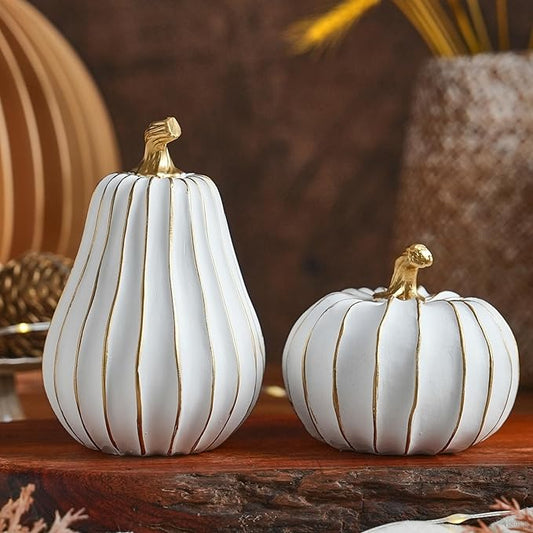 Pumpkin Fall Decor, White and Gold Pumpkins for Decorating Thanksgiving Table Centerpieces, Artificial Resin Pumpkins Decor for Mantel, Harvest Autumn Tabletop Decoration