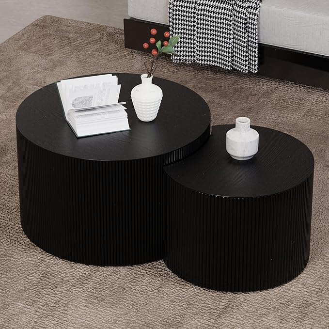 Round Nesting Coffee Table Wood Drum Nesting Tables Modern Stacking Coffee Table Set of 2 Fluted Center Table End Table for Living Room Home Office Small Spaces, No Assembling (Black Crescent)